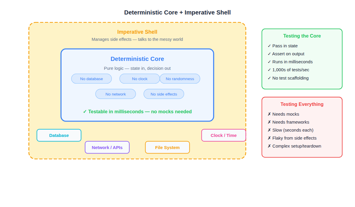 Deterministic Core + Imperative Shell